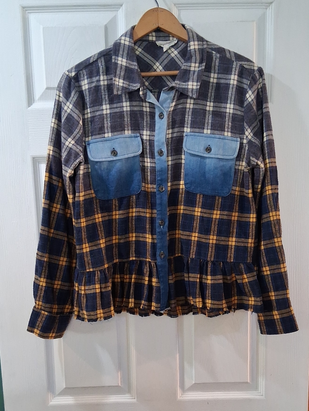 Mystree Navy and Yellow Plaid Ruffle-Hem Button Down Shirt with Denim Pockets